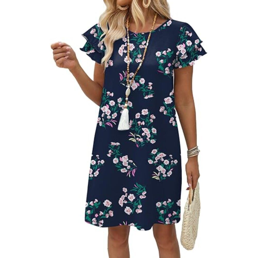 Women's Navy Blue Ruffle Sleeve Round Neck Loose With Pockets Plain Print Dress